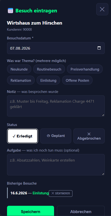 Besuch eintragen mit Thema, Notiz, Status und Besuchshistorie